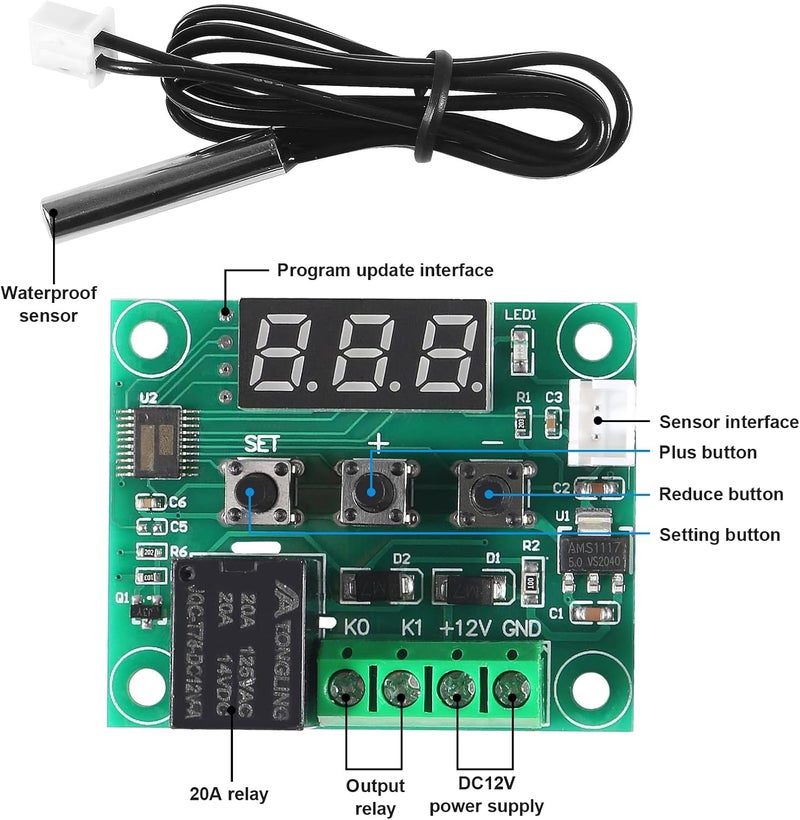 AEDIKO W1209 DC 12V Digital Temperature Controller Board Blue Digital Display Thermostat -50-110°C Electronic Temperature Temp Control Module Switch with Waterproof Case (1-Pack) - Image 2